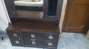 Brown Wooden Dressing Table And Frame Mirror