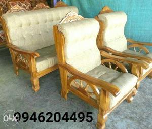 Brown Wooden Framed White Padded Armchairs