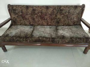 Brown Wooden Teak Framed Brown Floral Fabric 5-seat Sofa