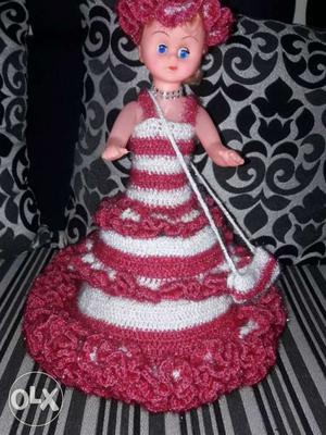Doll In Red And White Knitted Gown