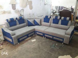 Gray And Blue Leather Sectional Sofa