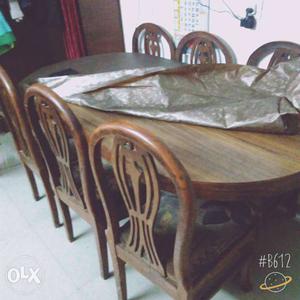 Oblong Brown Wooden Table With Six Chairs Dining Set