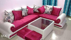 Pink And White Fabric Sectional Sofa With Throw Pillows