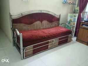 Silver Framed Red Padded Trundle Day Bed..