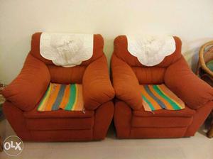 Two Red And Green Fabric Sofa Chairs