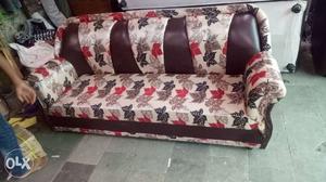 White, Red, And Brown Leaves Print Fabric-padded Sofa