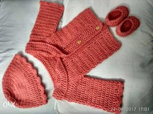 Baby's Red Knitted Hat, Dress, And Shoes Set