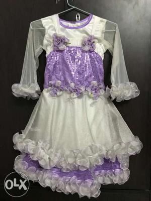 Girl's White And Purple Satin Mesh Dress