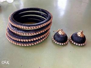 Black Silk Thread Bangles And Pair Of Juhmka Earrings