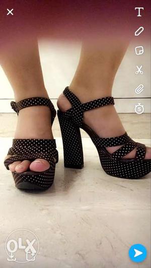 Black-and-white Polka-dot Platform Ankle-strap Heels