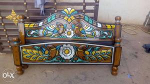 Brown And Yellow Wooden Headboard And Footboard