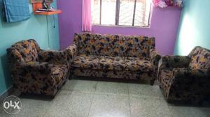 Brown, Black, Pink, And Green Floral Fabric Sofa Set