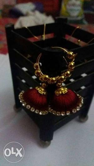 Gold And Red Silk Thread Jhumkas