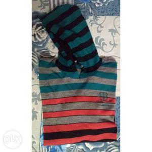 Gray, Teal, And Red Striped Sweater with Hoodie