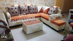 Orange And Beige Suede Corner Sofa With Coffee Table