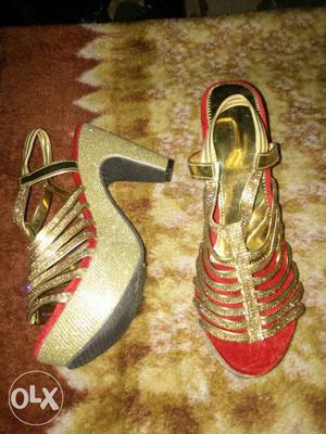 Pair Of Gold-colored-and-red Strappy Leather Platform Chunky