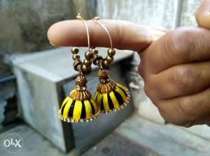 Pair Of Yellow-and-black Silk Thread Jhumkas