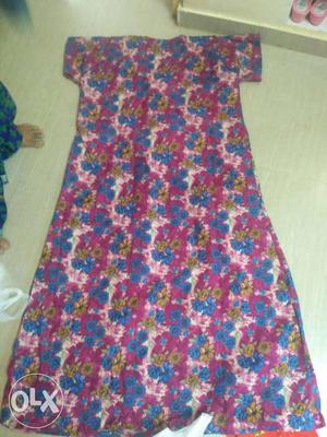 Pink And Blue Floral Cap-sleeved gown unused cotton