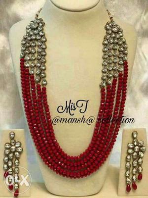 Red Beaded Diamond Embellished Mis J Bib Necklace And