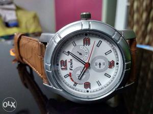 Round Gray Fenix Chronograph Watch With Brown Leather