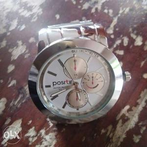 Round Silver-colored Postif Chronograph Watch With Bracelet