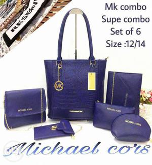 Six Piece Blue Michael Kors Leather Handbag Set