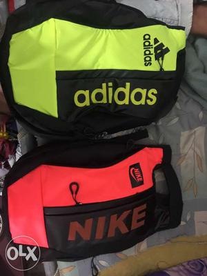 Two Green Adidas And Red Nike Bags