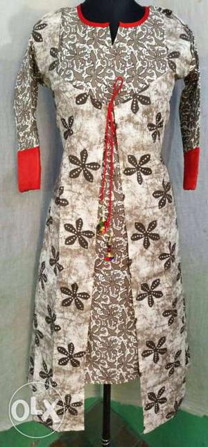 Women's Red And White Floral Long Sleeve Dress