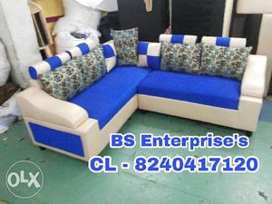 Beige And Blue Padded Sectional Couch