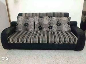Black And Gray Floral Fabric Sofa With Throw Pillows