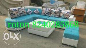 Blue And White Fabric Sectional Sofa With Ottoman