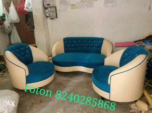Blue And White Microsuede Couch Set