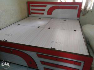 Gray, Black And Red Wooden Platform Bed