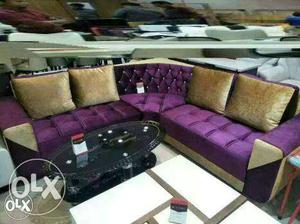 Purple Velvet Corner Sofa With Throw Pillows