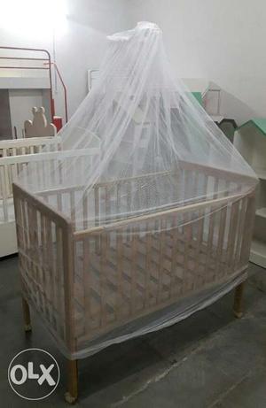 Baby Cot Wooden with Mosquito Net and Wheels