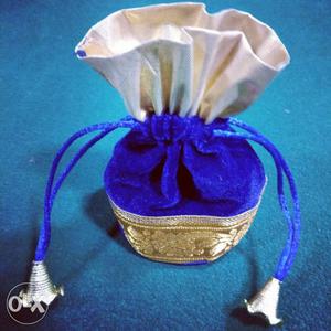 Blue, Gold-colored And White Draw String Pouch