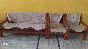 Brown Cushion With Brown Wooden Frame Couch And Armchairs