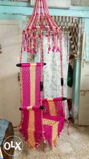 Pink And Beige Knitted Swing Chair