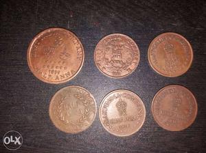 Six Indian Half Anna Copper Cions