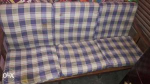 White And Blue Checked 3-seat Fabric Sofa