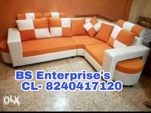 Orange And White Padded Corner Sofa