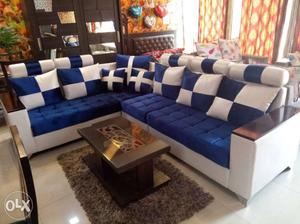 Tufted Blue Fabric Padded Sectional Sofa