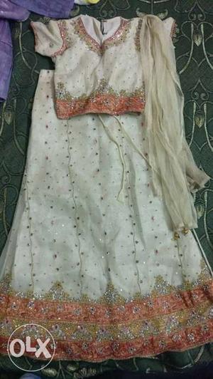Beige-and-red Floral Glittered Traditional Dress