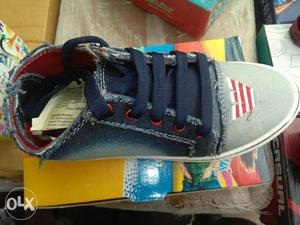 Blue, Gray, White, And Red Denim Low Top Shoe