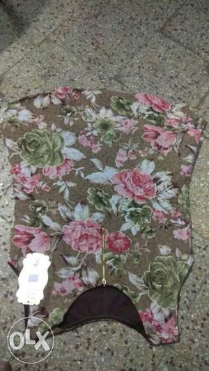 Brown, Pink, White, And Green Floral Sleeveless Top