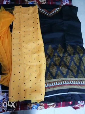 Cotton black dress material with yellow pant