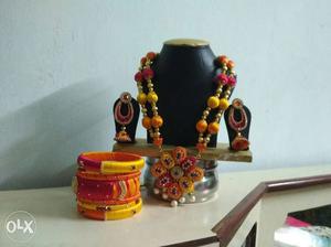 Orange And Yellow Silk Thread Necklace With Bangles And Pair