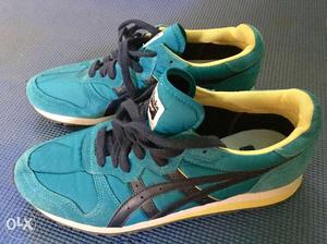 Pair Of Teal-and-black Asics Sneakers