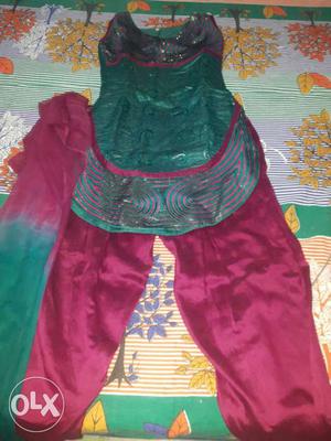 Salwar suit in purple & green colour With Dupatta
