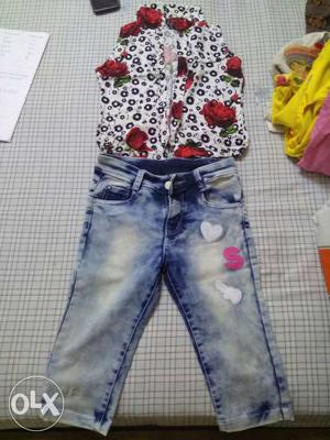 Shirt and blue capree, size -30, for 6-8 yr girl,